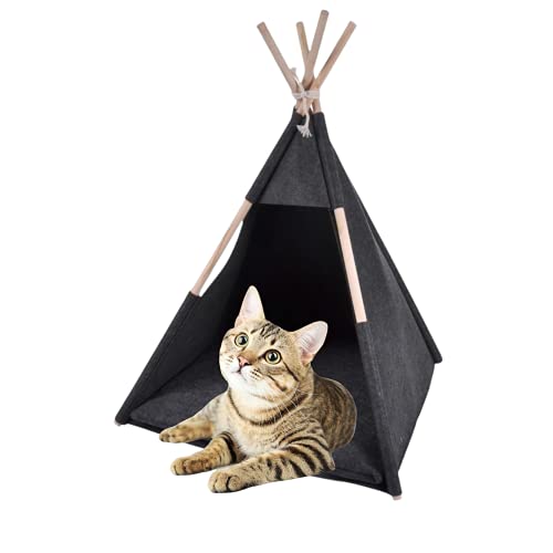 TIENDA EURASIA® Cama para Gatos Diseño Tienda Tipi - Estructura de Madera y Fieltro - Medida 45 x 45 x 55 cm (Gris Oscuro)