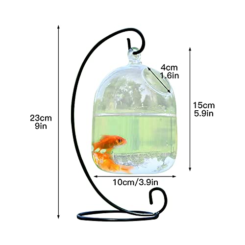 Timpfee Tanque de pescado colgante de escritorio, pequeño cuenco de pescado Betta de cristal, mini acuario con soporte, terrario de planta transparente para el hogar, mesa, oficina, jardín, decoración