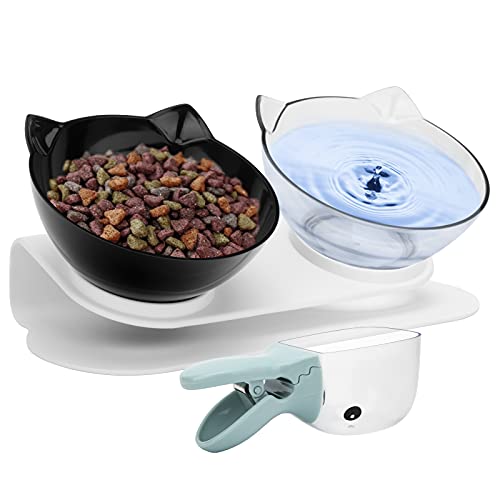Tompig Cuenco del Gato, Tazón para Mascotas Antideslizante Doble Comedero Gato 15° Inclinación Protector del Cuello, con Cuchara de Comida para Perros y Gatos pequeños a Grandes