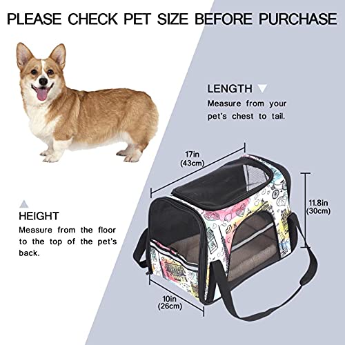 Transportador de viaje mediano para mascotas para perros pequeños, gatos, cachorros, gatitos, aerolíneas aprobadas bolsa de transporte con correa de hombro Dibujado a mano colorido edificios famosos