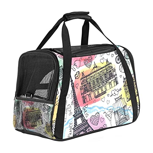Transportador de viaje mediano para mascotas para perros pequeños, gatos, cachorros, gatitos, aerolíneas aprobadas bolsa de transporte con correa de hombro Dibujado a mano colorido edificios famosos