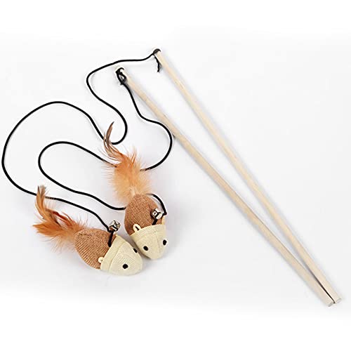 TreeLeaff Gatito gato Teaser juguete interactivo Caña Peligro de lino + poste de madera divertido juguete para mascotas varita de alambre con campana y plumas