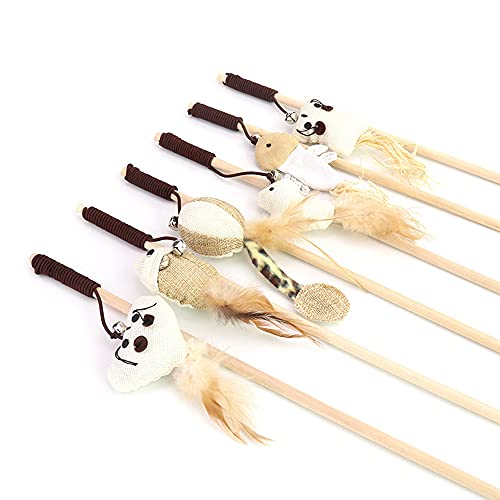 TreeLeaff Gatito gato Teaser juguete interactivo Caña Peligro de lino + poste de madera divertido juguete para mascotas varita de alambre con campana y plumas