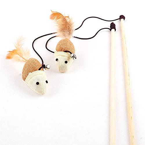 TreeLeaff Gatito gato Teaser juguete interactivo Caña Peligro de lino + poste de madera divertido juguete para mascotas varita de alambre con campana y plumas