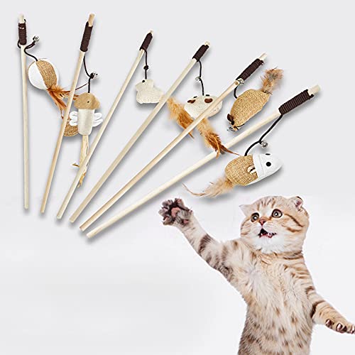 TreeLeaff Gatito gato Teaser juguete interactivo Caña Peligro de lino + poste de madera divertido juguete para mascotas varita de alambre con campana y plumas