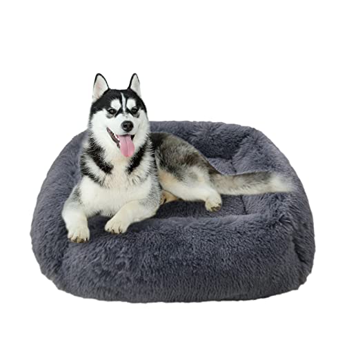 TUAKIMCE Cama cuadrada para perros, cama prémium para mascotas para perros grandes y extragrandes para gatos o perros grandes, sofá de peluche suave, cesta para perros, lavable (gris oscuro, L)