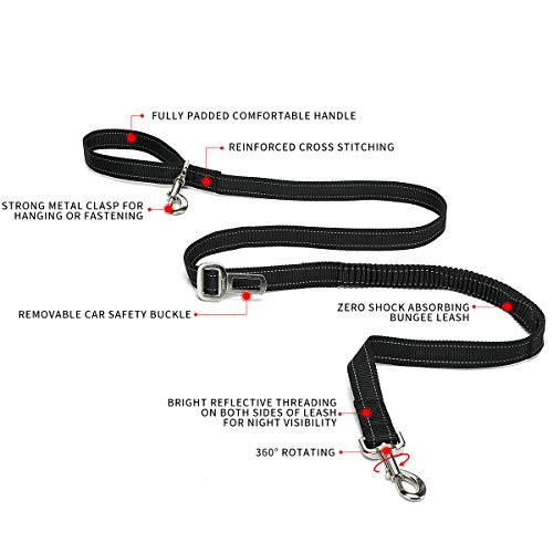 TUDEQU 4-IN-1 Hands Free Dog Zero Shock Absorbing Bungee Leash with a Multifunctional Waist Bag, 5.8FT/178cm Leash with Car Seat Belt Buckle and Reflective Threading