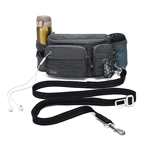 TUDEQU 4-IN-1 Hands Free Dog Zero Shock Absorbing Bungee Leash with a Multifunctional Waist Bag, 5.8FT/178cm Leash with Car Seat Belt Buckle and Reflective Threading