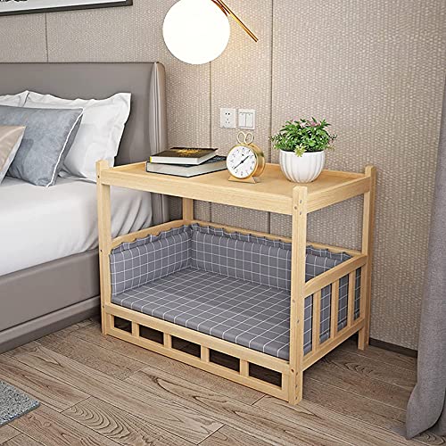 TYX-SS Cama De Perro De Madera Gris Aumenta, 2-Staging Deluxe Lounge Mascotas con Ropa De Cama Lavable, Plataforma De Almacenamiento De Mesa Lateral,120×60×70 cm