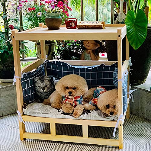 TYX-SS Cama De Perro De Madera Gris Aumenta, 2-Staging Deluxe Lounge Mascotas con Ropa De Cama Lavable, Plataforma De Almacenamiento De Mesa Lateral,120×60×70 cm