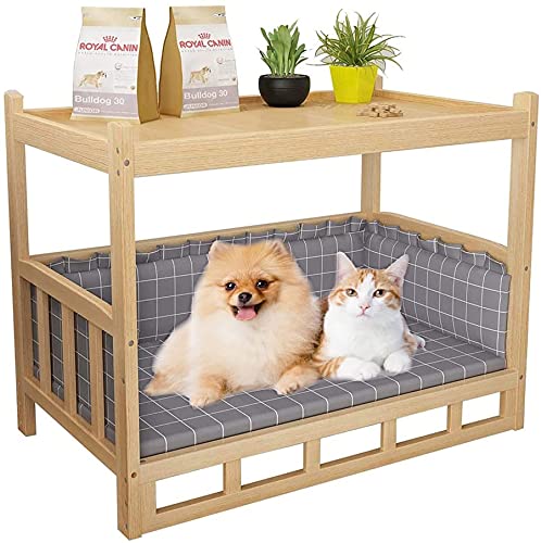 TYX-SS Cama De Perro De Madera Gris Aumenta, 2-Staging Deluxe Lounge Mascotas con Ropa De Cama Lavable, Plataforma De Almacenamiento De Mesa Lateral,120×60×70 cm