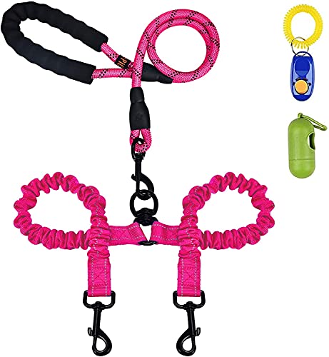 U-picks Doble Correa para Perro, Doble Correa Reflectante para Perro de Mascota, elástico Reflectante Que Absorbe los Golpes 360°, (para Perro Mediano/Grande - Rosa)