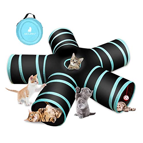 UniM Túnel para gatos, túnel de 5 vías, plegable, extensible, túnel para gatos, laberinto de juguete con pompón y campanas para gatos, conejos, cobayas