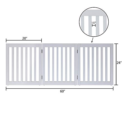 unipaws Puerta de perro independiente, valla plegable para mascotas, barrera de madera interior, puerta de escalera sin montaje con 2 patas de apoyo (61 cm H, 3 paneles), color blanco