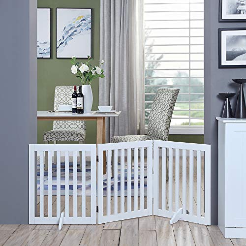 unipaws Puerta de perro independiente, valla plegable para mascotas, barrera de madera interior, puerta de escalera sin montaje con 2 patas de apoyo (61 cm H, 3 paneles), color blanco