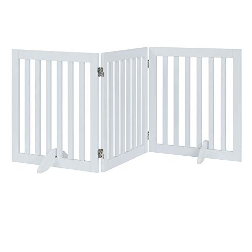 unipaws Puerta de perro independiente, valla plegable para mascotas, barrera de madera interior, puerta de escalera sin montaje con 2 patas de apoyo (61 cm H, 3 paneles), color blanco