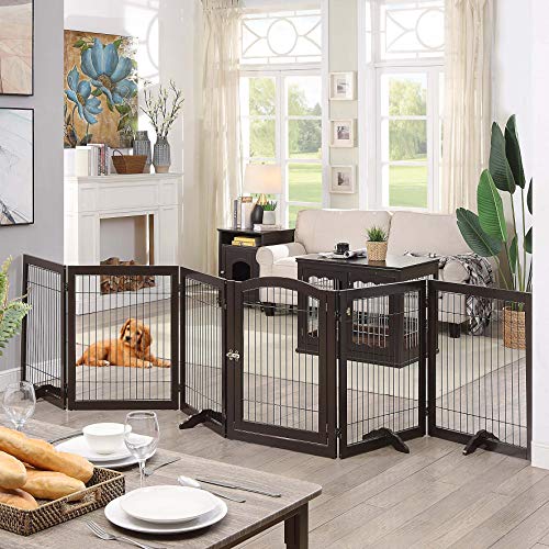 Unipaws Puerta para mascotas independiente, parque infantil de 6 paneles con puerta de acceso y 4 pies de soporte, puerta para perros de madera y alambre