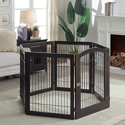 Unipaws Puerta para mascotas independiente, parque infantil de 6 paneles con puerta de acceso y 4 pies de soporte, puerta para perros de madera y alambre