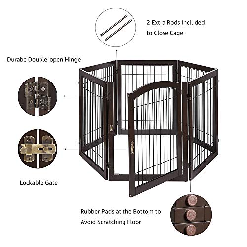 Unipaws Puerta para mascotas independiente, parque infantil de 6 paneles con puerta de acceso y 4 pies de soporte, puerta para perros de madera y alambre