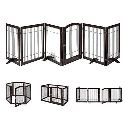 Unipaws Puerta para mascotas independiente, parque infantil de 6 paneles con puerta de acceso y 4 pies de soporte, puerta para perros de madera y alambre