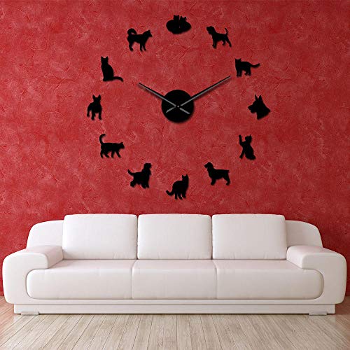 Varios Gatos y Perros Acrílico Relojes de Pared Simples de Bricolaje Animales Perros Gatos Mascotas Compañeros Tienda de Mascotas Decoración Arte de la Pared Reloj Show-Black_27_Inch