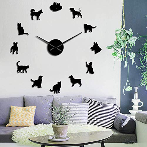 Varios Gatos y Perros Acrílico Relojes de Pared Simples de Bricolaje Animales Perros Gatos Mascotas Compañeros Tienda de Mascotas Decoración Arte de la Pared Reloj Show-Black_27_Inch