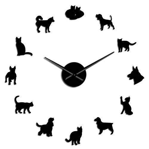 Varios Gatos y Perros Acrílico Relojes de Pared Simples de Bricolaje Animales Perros Gatos Mascotas Compañeros Tienda de Mascotas Decoración Arte de la Pared Reloj Show-Black_27_Inch