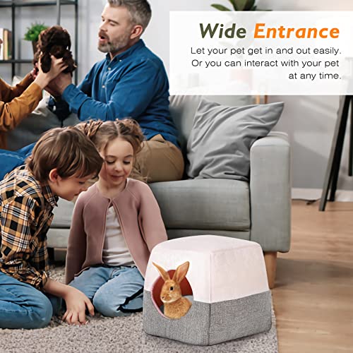 VavoPaw 3 en 1 Casa con Cojín Desmontable para Mascotas Pequeños, Cama Plegable Cálida con Almohadilla Entrada Grande Fondo Antideslizante Hábitat Nido Jaula para Conejo Erizo Hámster, Talla S, Rosa
