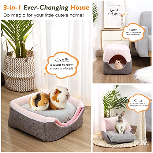VavoPaw 3 en 1 Casa con Cojín Desmontable para Mascotas Pequeños, Cama Plegable Cálida con Almohadilla Entrada Grande Fondo Antideslizante Hábitat Nido Jaula para Conejo Erizo Hámster, Talla S, Rosa