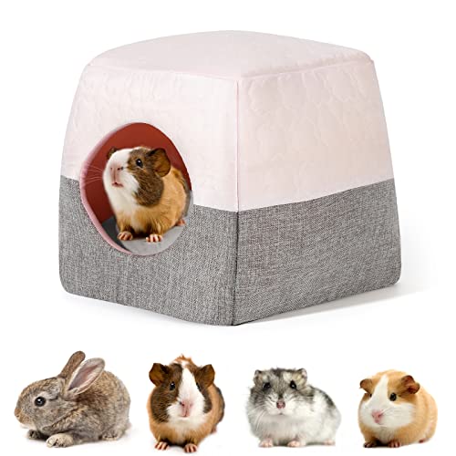 VavoPaw 3 en 1 Casa con Cojín Desmontable para Mascotas Pequeños, Cama Plegable Cálida con Almohadilla Entrada Grande Fondo Antideslizante Hábitat Nido Jaula para Conejo Erizo Hámster, Talla S, Rosa