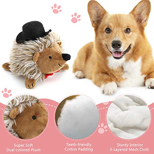 VavoPaw Juguete de Peluche Interactivo para Perros, 2 PZS Erizo Felpa Suave Sonido Resistente Mordedura Alivio Ansiedad Compañero Sonoro con Sombrero Lazo para Cachorros Perritos, Marrón