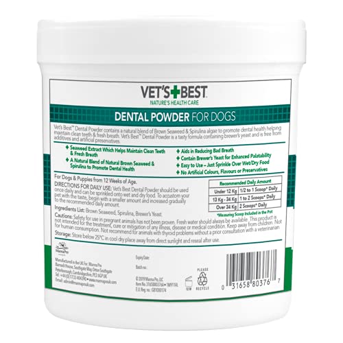 Vet's Best Polvo Dental Natural para Perros, Dientes limpios y aliento fresco, 90 g