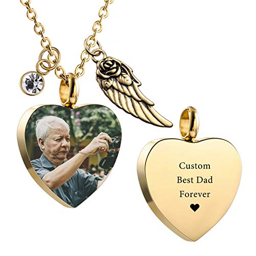 VIBOOS Colgante De Urna Personalizado Collar De Corazón De ala De Ángel Grabado De Texto Fotográfico para Hombres Mujeres Perros Gatos Mascotas Acero Inoxidable Cenizas Cremación Recuerdo Piedra De