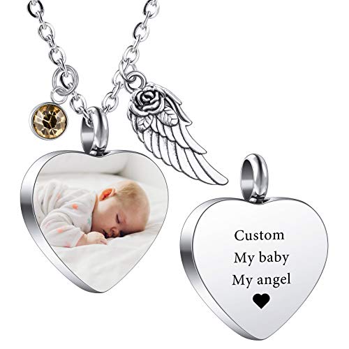 VIBOOS Colgante De Urna Personalizado Collar De Corazón De ala De Ángel Grabado De Texto Fotográfico para Hombres Mujeres Perros Gatos Mascotas Acero Inoxidable Cenizas Cremación Recuerdo Piedra De