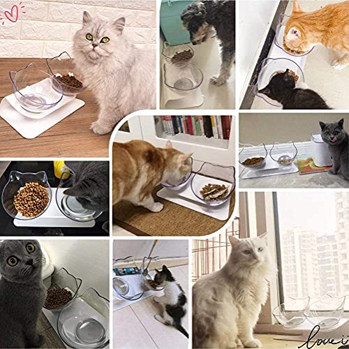 VieVogue Doble Comedero Gato Elevado Cuenco de Mascotas Gato Plato de Ajustable Recipiente Inclinado 15 ° en Ángulo para Proteger la Columna Vertebral del Cuello para Gatos Perros (Double White Bowls)