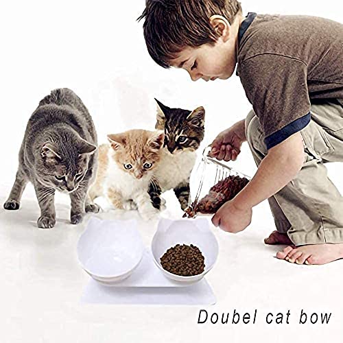 VieVogue Doble Comedero Gato Elevado Cuenco de Mascotas Gato Plato de Ajustable Recipiente Inclinado 15 ° en Ángulo para Proteger la Columna Vertebral del Cuello para Gatos Perros (Double White Bowls)