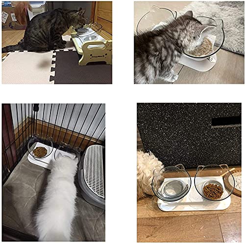 VieVogue Doble Comedero Gato Elevado Cuenco de Mascotas Gato Plato de Ajustable Recipiente Inclinado 15 ° en Ángulo para Proteger la Columna Vertebral del Cuello para Gatos Perros (Double White Bowls)