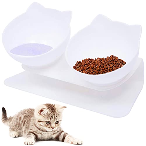 VieVogue Doble Comedero Gato Elevado Cuenco de Mascotas Gato Plato de Ajustable Recipiente Inclinado 15 ° en Ángulo para Proteger la Columna Vertebral del Cuello para Gatos Perros (Double White Bowls)