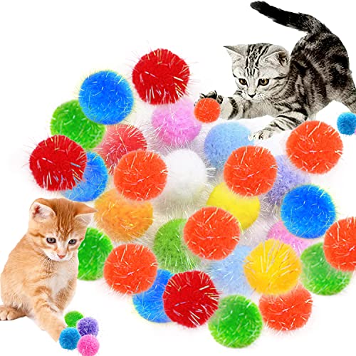 VIKSAUN 36 PCS 3CM Coloridos Pompones Balls, Bolas pomón de espumillón Juguete para gato, Juguete Interactivo Gato, Pelotas de Juguete Blando Bolas de Pompon para Gato Gatito Juguetes