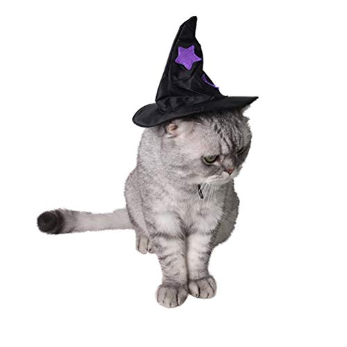 VILLCASE Disfraz de gato para mascotas, gato brujas, sombrero de mago de Halloween, accesorios de fiesta para gato y mascotas, color negro