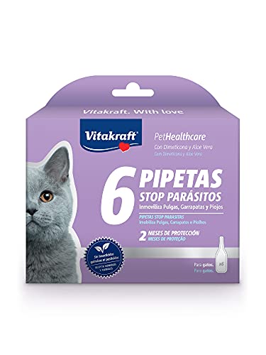 Vitakraft - Pipeta Stop Parásitos para Gatos, con Dimeticona y Aloe Vera - 1ml x 6 Pipetas