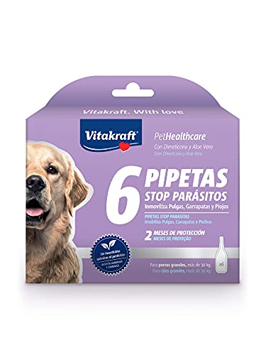 Vitakraft - Pipeta Stop Parásitos para Perros Grandes de Más de 30kg, con Dimeticona y Aloe Vera - 4,5ml x 6 Pipetas