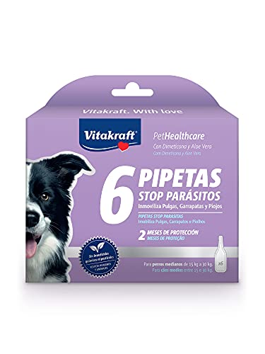 Vitakraft - Pipeta Stop Parásitos para Perros Medianos Entre 15 y 30kg, con Dimeticona y Aloe Vera - 3ml x 6 Pipetas