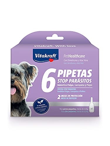 Vitakraft - Pipeta Stop Parásitos para Perros Pequeños de Menos de 15kg, con Dimeticona y Aloe Vera - 1,5ml x 6 Pipetas