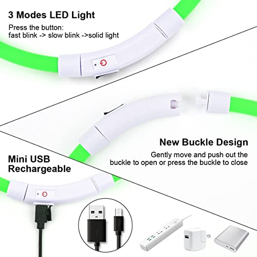 VSSHE LED Collar de Perro de Mascota 3 Modos USB Recargable Collar Perro 70 cm Impermeable Collar de Destello Ajustable Viene con Colgante y 4 Pilas para Perros Pequeños, Medianos y Grandes (Verde)