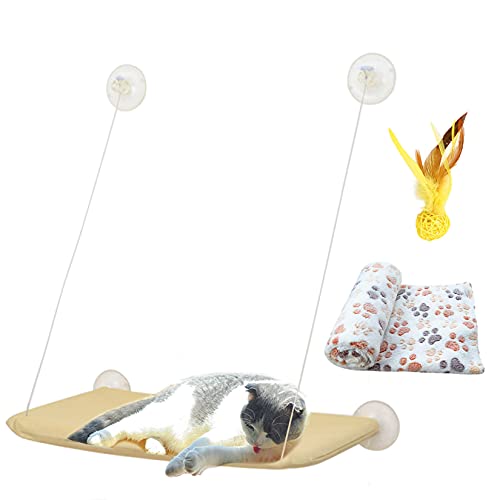 Weichuang Hamaca Ventana de Gato con Manta Gato y Pluma Juquete para Gato, Cama Colgante de Mascota con Ventosas de Perilla Resistentes para Descansar y Tomar el Sol