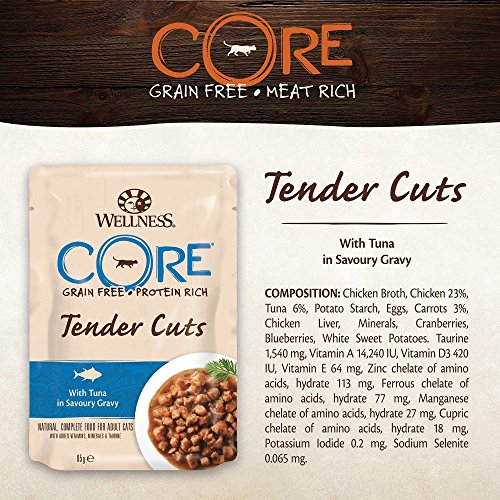 Wellness CORE - Lote de 24 Cortes de Tienda de campaña para Comida de Gato sin Grano en Gris Sabor 85 g
