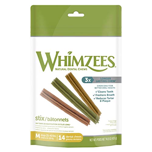 WHIMZEES Dulces dentales para Perros sin Granos Naturales, Stix Medio, Bolsa de 14