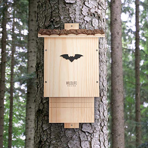 WILDLIFE FRIEND Caja para murciélagos con techo de corteza - Montada en madera de pino y 100% resistente a la intemperie - atornillada, sin tratar