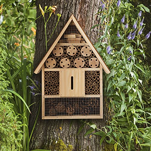 WILDLIFE FRIEND I Hotel de Insectos con Techo de Corteza - Casa de Insectos sin Tratar Hecha de Madera Natural - para Abejas, Mariquitas y Mariposas
